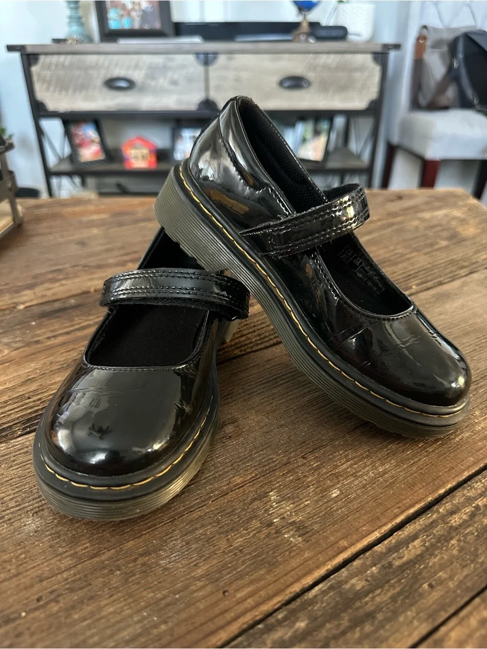 Dr. Martens Girls' Black Patent Mary Jane with Yellow Stitching
